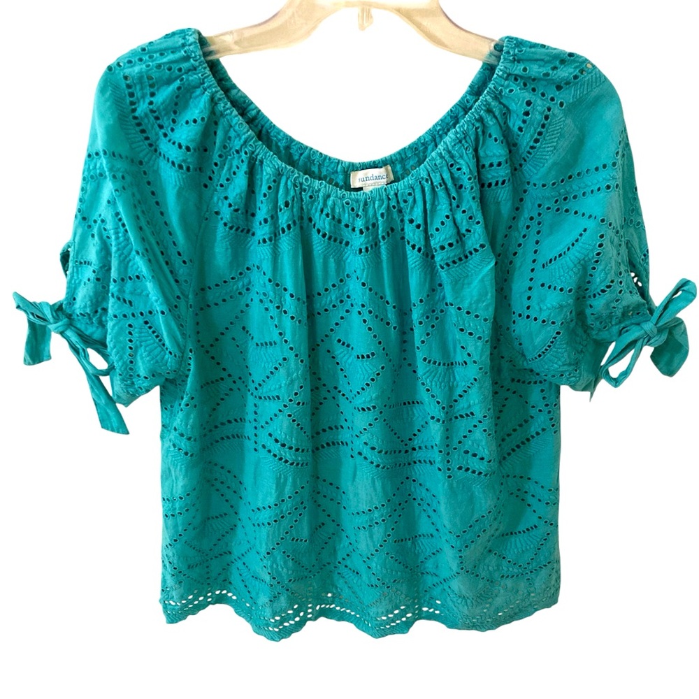 Sundance Paulina Eyelet Lace Top in Turquoise Blue / Green Petite Small